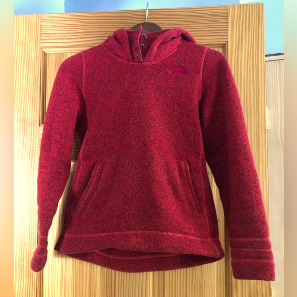 North Face Size Small Red Hoodie Sweater Fleece with Plaid Lining